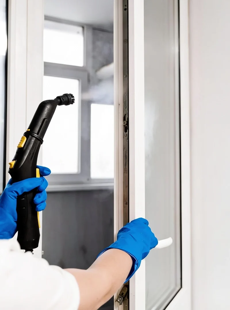 Reinigungskraft Putzt Fenster mit einem Dampfstrahler.