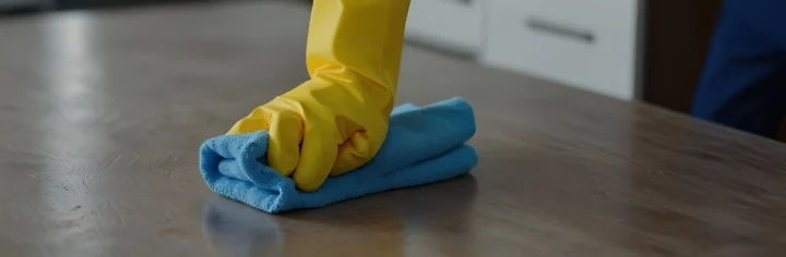 Hand mit gelbem Reinigungshandschuh wischt einen Holztisch mit einem blauen Reinigungstuch ab.